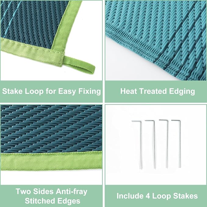Anidaroel 6x9ft Ombre Outdoor Rug Waterproof, Plastic Straw Outside Rug, Camping Rugs for Outside RV, Large Outdoor Area Rug for Porch, Backyard, Patio Decor(Blue&Green,6'x9')