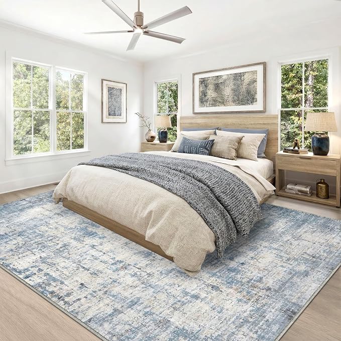 10x14 Area Rugs Washable Living Room Rug-No Slip Soft Carpets Modern Abstract Coastal Indoor Floor Stain Resistant Large Carpet for Bedroom Dining Room Farmhouse Nursery Home Office Blue