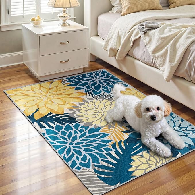 Arenarug 2x3 Colorful Washable Small Rug Tropical Botanical Modern Floral Indoor Chenille Door Mat Carpet Non Slip for Patio, Entry Way, Entrance, Porch, Ocean Dahlia