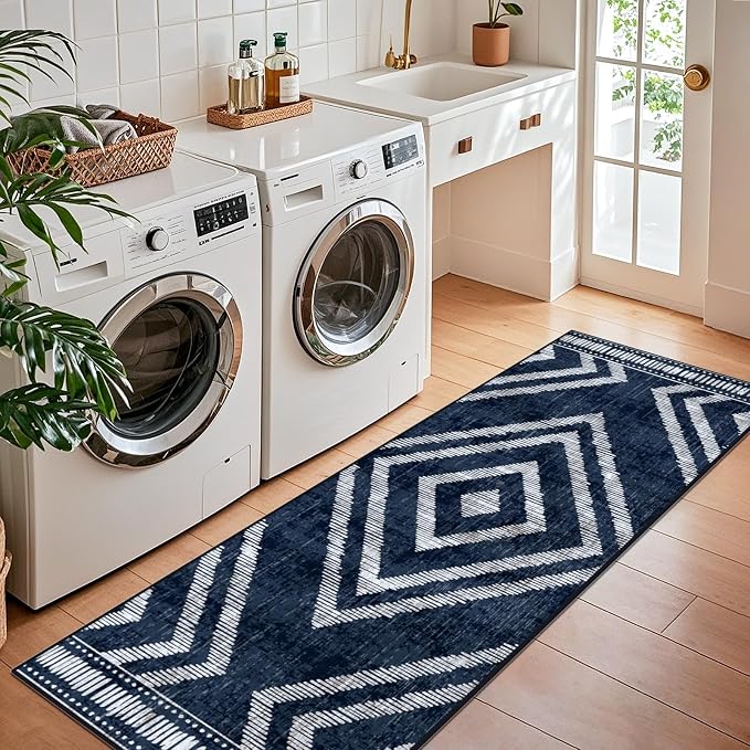 Boho Runner Rugs for Hallway 2x6ft Non Slip, Navy Blue Washable Kitchen Rug Runner, Soft Moroccan Low Pile Geometric Farmhouse Laundry Floor Carpet for Entryway Bedroom Bathroom