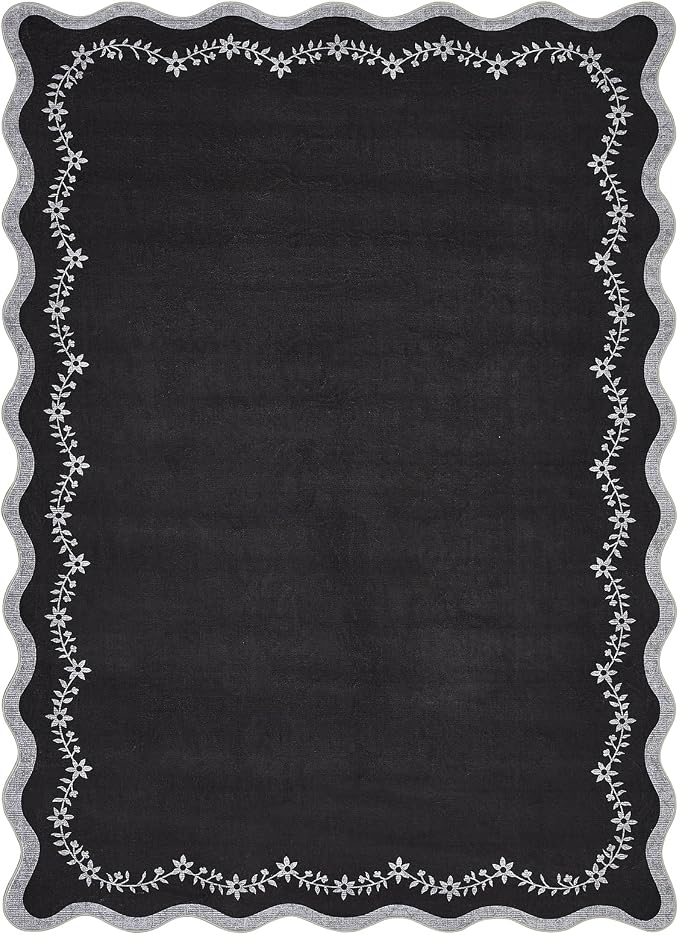 GarveeHome 6x9 Scalloped Area Rug Black Washable Living Room Bedroom Rug | Soft Low Pile Non Slip Accent Floor Mat Solid Print Throw Rug Indoor Carpet for Dining Room Dorm Playroom