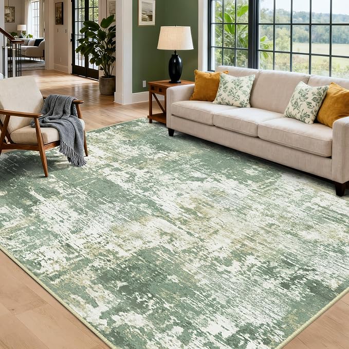 RELEANY Washable Area Rugs 8'x10' Non-Slip Modern Abstract Soft for Living Room Entryway Bedroom Kitchen, Print Pattern, Light Green/Yellow