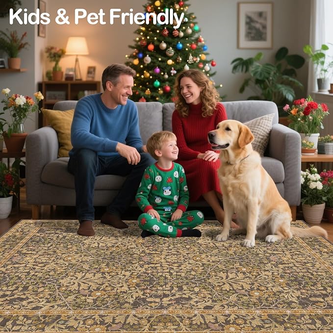 6x9 Washable Area Rugs for Living Room, Stain Resistant Vintage Rugs for Dining Room Under Kitchen Table, Bedroom, Floral Low Pile Non-Slip Large Carpet (6 x 9 Goldenrod)