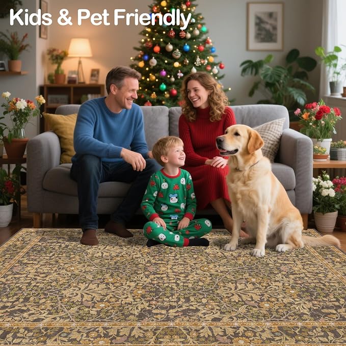 8x10 Washable Area Rugs for Living Room, Stain Resistant Vintage Rugs for Dining Room Under Kitchen Table, Bedroom, Floral Low Pile Non-Slip Large Carpet (8 x 10 Goldenrod)