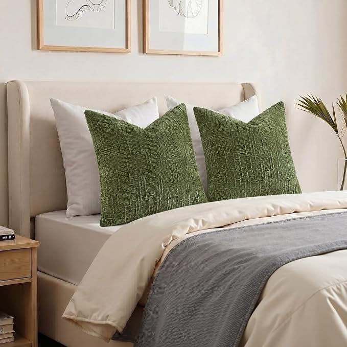 decorUhome Textured Chenille Throw Pillow Covers 26x26 Set of 2 Olive Green | Fall Modern Farmhouse Soft Cozy Slubby Couch Pillow Cases Boho Decorative Pillow Cases for Bed Sofa Living Room Home Decor