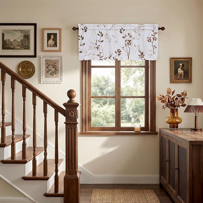 Beauoop Floral Valance Curtains for Kitchen Tan Brown 52X18 Inch 1 Panel | Flower Patterned Brown White Blackout Short Curtains for Living Room Bedroom Cafe Thermal Small Window Curtains Rod Pocket