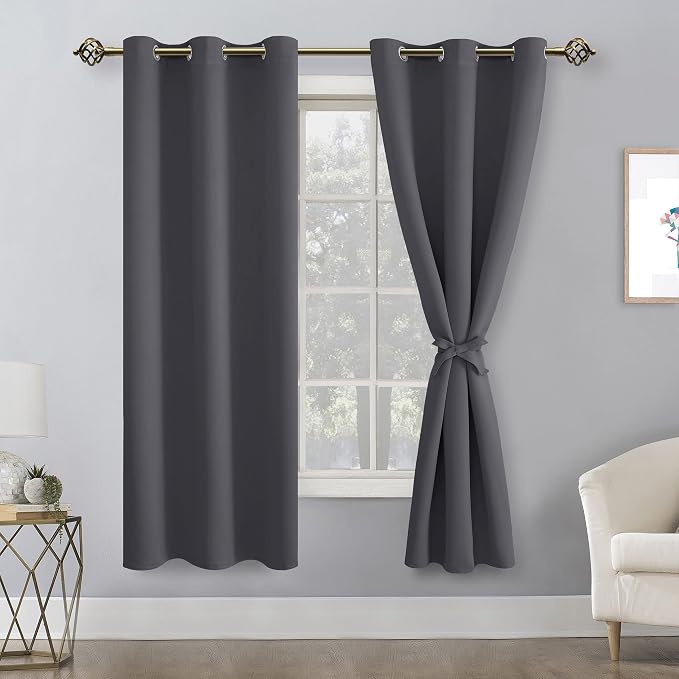 Hiasan Blackout Curtains for Bedroom, Thermal Insulated, Light Blocking, Noise Reducing Window Curtain Panels, Tiebacks Included, Set of 2, Grommet Top (Dark Grey, Width 38 Inch x Length 72 Inch)