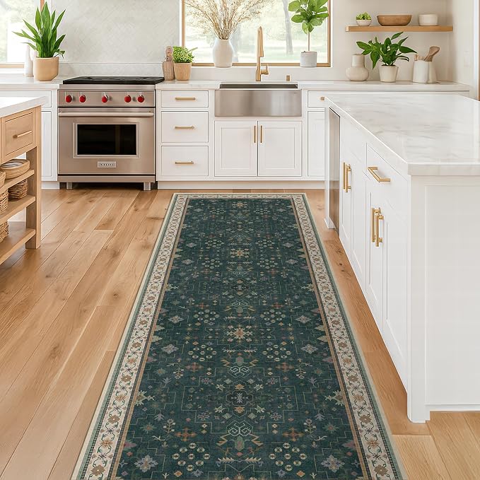 Hazo Haus Vintage Dark Green 2x10 Hallway Runner Rug - Modern Boho Eclectic Floral Pastel, Washable Low Pile Non-Slip Extra Long Runner Rugs for Kitchen, Bedroom