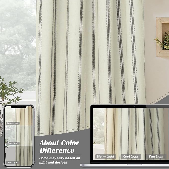 DriftAway Farmhouse Linen Stripe Blackout Curtains, W52xL63, Black | Blackout, Linen Texture, Stripe Pattern, Rod Pocket & Back Tab, Two Layers, Bedroom Living Room Use, Sound Reducing Design