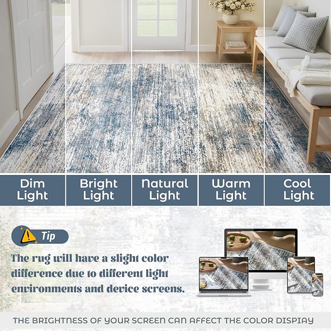 XLUEZ 6x9 Area Rugs for Living Room, Washable Modern Abstract Large Area Rug Neutral Soft Non Slip Kids Rug Stain Resistant Indoor Carpet for Bedroom Nursery Dining Room Playroom(BlueWhite, 6'x9')