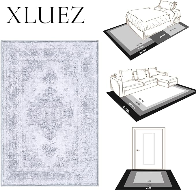 XLUEZ Area Rug 5x7 Living Room Rug, Machine Washable Vintage Distressed Medallion Rug Non-Slip Soft Low Pile Large Indoor Rugs for Bedroom Kitchen Dining Room Office(LightGrey,5'x7')