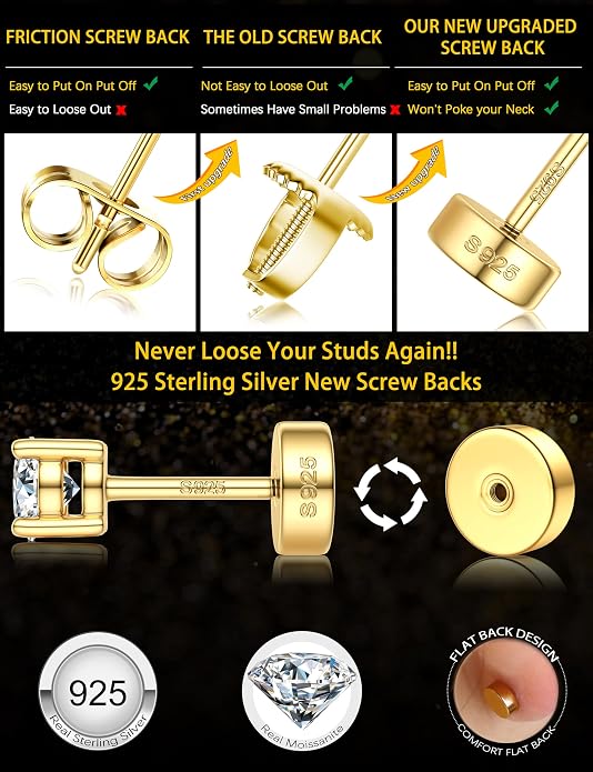 Moissanite Earrings for Men Women:Hypoallergenic Flat Back Earrings 925 Sterling Silver Stud Earring Small D Color VVS1 Moissanite 14K White Gold Plated Helix Cartilage Earring Studs Gift Jewelry