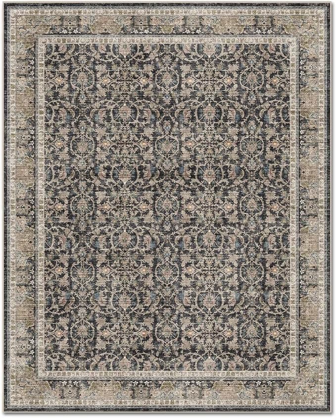 Boho Washable 5x7 Area Rugs for Living Room, Cushioned, Black/Navy Blue | Vintage Non-slip Neutral Oriental Rugs for Bedroom Dining Room Nursery Office High Traffic Area