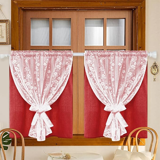 ASPMIZ Linen Kitchen Curtains Double Layers Window Curtain with Linen Lace, Farmhouse Cafe Curtain 36 Inch Length Rod Pocket, Light Filtering Bathroom Tier Curtains with 2 Tiebacks, Red