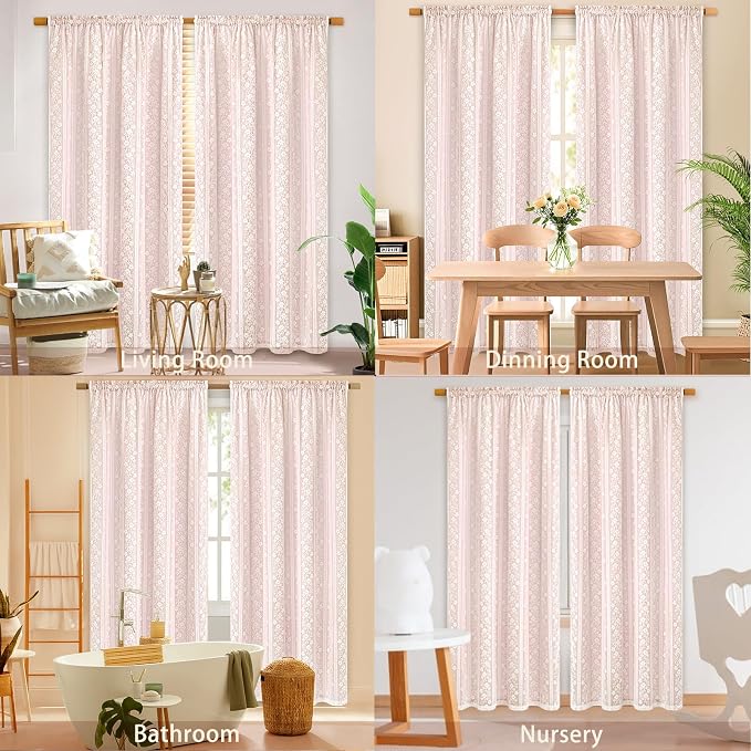 ASPMIZ Linen Pink Curtains for Bedroom, Double Layered Boho Curtain 63 Inch Length, Farmhouse Rod Pocket Curtains & Drapes with Tiebacks, Light Filtering Curtain for Living Room, 52 x 63 Inch, 2PCS