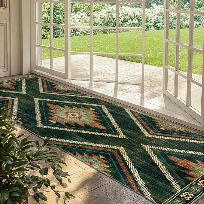 Boho 4x10Ft Area Rugs Runners for Hallway Non Slip, Green Geometric Washable Kitchen Rug Runner Non Shedding, Soft Moroccan Entryway Floor Carpets for Entrance Doorway Office Decor