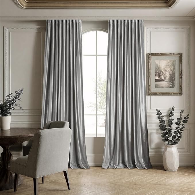 100% Full Blackout Silver Grey Velvet Curtains 108 inch Long for Living Room,Set of 2 Panels Liner Rod Pocket Back Tab Thermal Window Curtains Room Darkening Heavy Decorative Drapes for Bedroom