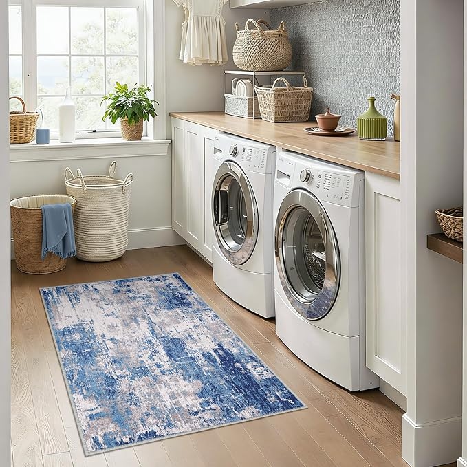 RELEANY Washable Area Rugs 3x4 Non-Slip Modern Abstract Soft for Living Room Entryway Bedroom Kitchen, Print Pattern, Blue Grey Navy Gray