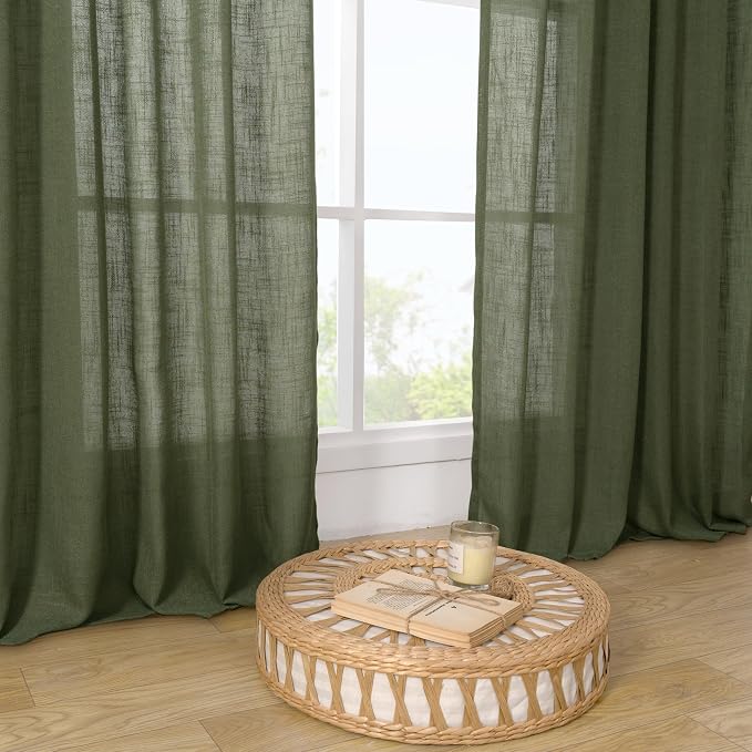 LAMIT 120 Inches Long Linen Curtains for Living Room, Back Tab and Rod Pocket Semi Sheer Panels Light Filtering Farmhouse Drapes for Bedroom/Dining Room, Olive Green, Set of 2, 52 x 120 Inch