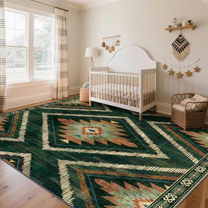 9x12Ft Boho Washable Area Rugs, Large Living Room Area Rug Non Slip, Low Pile Green Moroccan Bedroom Carpets, Non Shedding Soft Floor Carpet for Dining Room Nursery Home Office