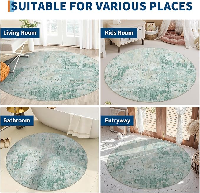 ROYHOME Modern Abstract 4x4 Round Area Rug Non Slip Non Shedding Rug Low Pile Stain Resistant for Bedroom Living Room Office Dining Room,Green