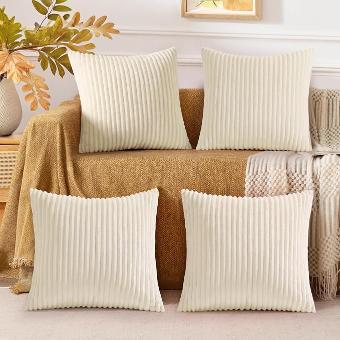 decorUhome Flannel Cream White Throw Pillow Covers 20X20 Set of 4 | Decorative Fall Soft Fluffy Striped Double-Sided Couch Pillow Covers, Modern Farmhouse Pillow Cases for Sofa bed Home Decor