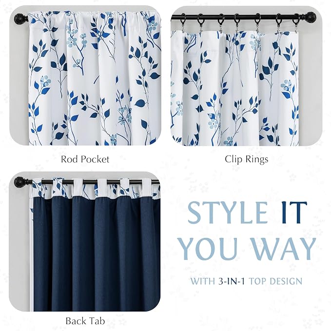 Beauoop Floral 100% Blackout Curtains for Bedroom Navy Blue 52X84 2 Panels | Flower Patterned Navy White Room Darkening Drapes for Living Room 84 Inch Long Thermal Soundproof Window treatment Rod Pocket