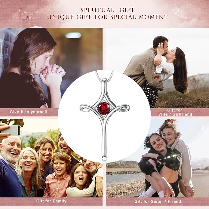 TOUPOP Cross Necklace for Women 925 Sterling Silver Birthstone Cross Pendant Fine Jewelry Anniversary Birthday Mothers Day Gifts for Mom Wife Her