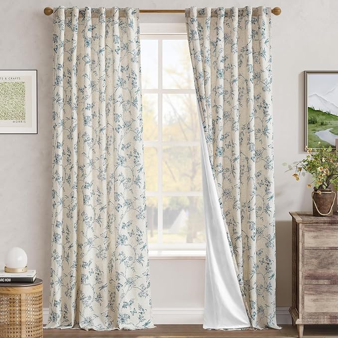 jinchan Blue Floral Linen Curtains Lined 96 Inch Vintage Back Tab 2 Panels | Privacy lining, light filtering drapes, cottagecore, french country, farmhouse, bedroom, living room, window treatment