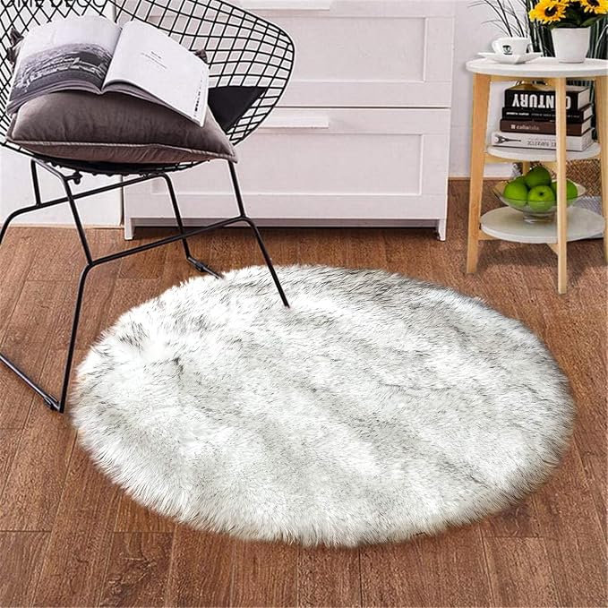 Goolela Round Fluffy Rug 3ft White with Grey Tips Circle Faux Sheepskin Fur Rug for Bedroom Living Room Fuzzy Furry Small Décor Washable