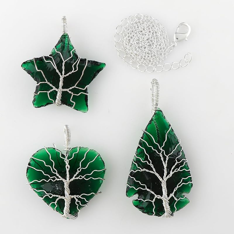 Tree of Life Craft - Raw Green Sea Glass Rough Crystals Pendant Necklace, Wire Wrapping, Gift Giving Women Jewelry with Dainty Silver Plated Chain 18 inch (3pcs)