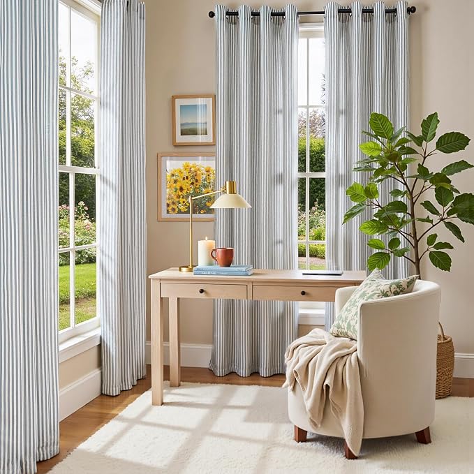 Vangao Linen Striped Curtains for Living Room Bedroom Farmhouse Tickingstripe Light Filtering Window Curtains Printed Drapes Grommet Top 2 Panels Blue W50 x L108