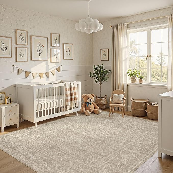 Nakagishi 4x6 Area Rugs Living Room: Washable Large Vintage Rug Neutral Non-Slip Soft Stain Resistant Indoor Carpet for Bedroom Nursery Dining Room Office Playroom - Brown