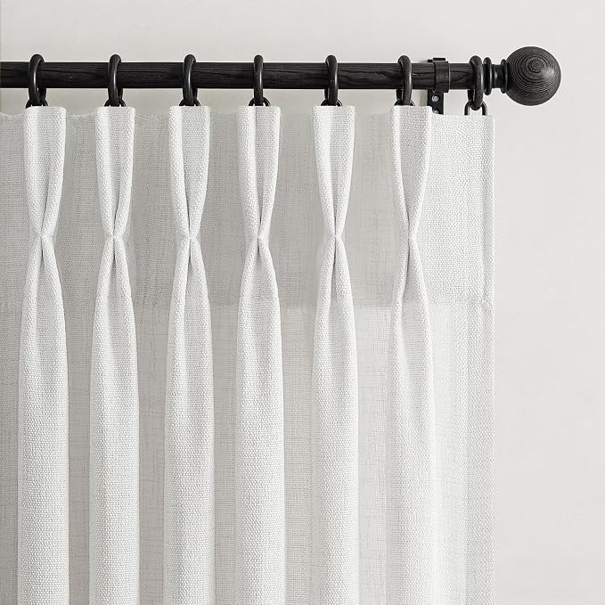 Off White Linen Pinch Pleated 90 Inch Curtains for Bedroom 4 Panels Set, Memory Trained Pleat Light Filtering Privacy Semi Sheer Living Room Window Curtain 90 Inches Long Modern Drapes with Back Tab