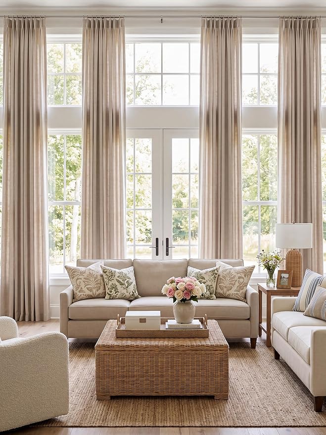 Liz Pinch Pleated Linen Curtains Light Filtering Curtains for Living Room, Farmhouse Window Curtains for Bedroom, Modern Drapes with Hooks and Rings, 102 Inches Long, Tapioca, 2 Panels Set