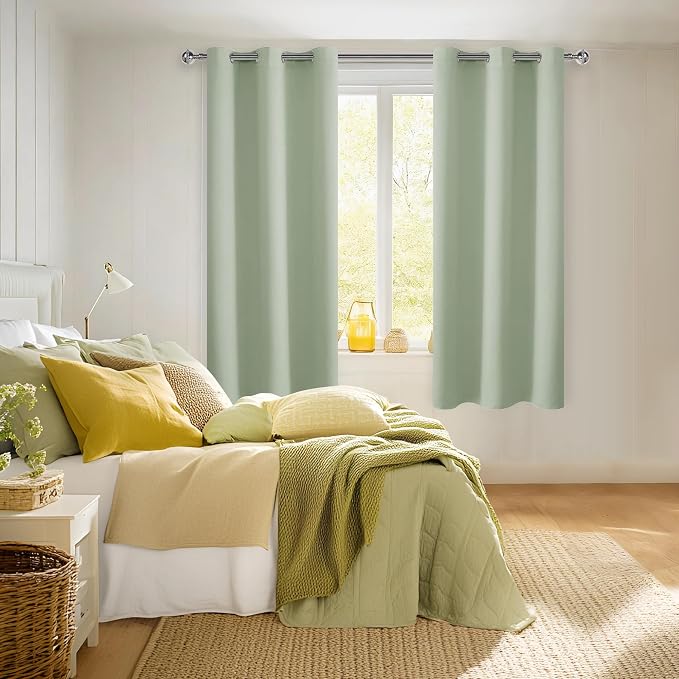 Hiasan Blackout Curtains for Bedroom, 42 x 72 Inches Long - Thermal Insulated & Light Blocking Window Curtains for Living Room/Kids Room, 2 Drape Panels Sewn with Tiebacks, Seafoam Green