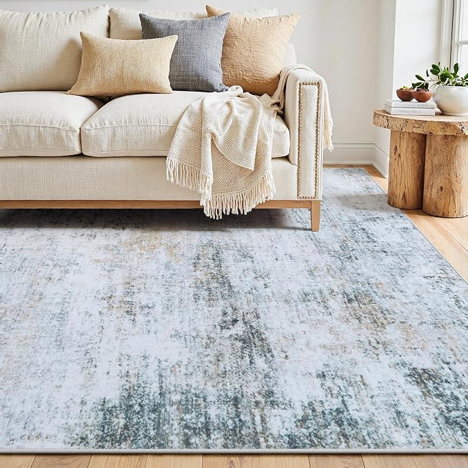 10x14 Area Rugs Washable Rug: Anti-Skid Abstract Modern Living Room Rug Soft Thin Carpets Indoor Floor Non-Shedding Carpet for Bedroom Dining Nursery Home Office (Blue/Grey/Gold/White,10'x14')