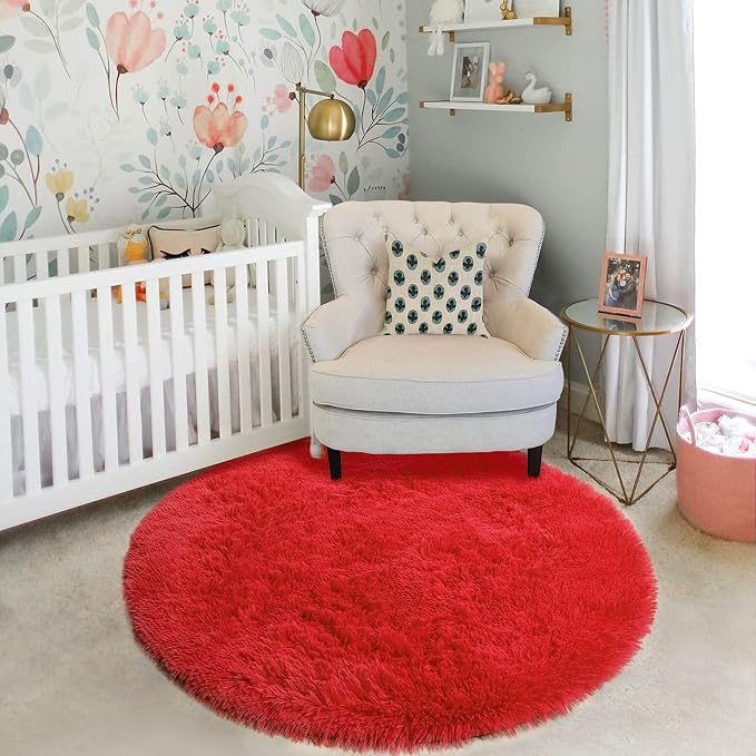 Red Small Round Rug 3Ft for Boys Bedroom, Fluffy Shag Circle Area Rugs for Kids Room Decor Aesthetic, Fuzzy Plush Fur Carpets for Living Room Nursery Dorm Classroom Playroom, Red Christmas Carpet