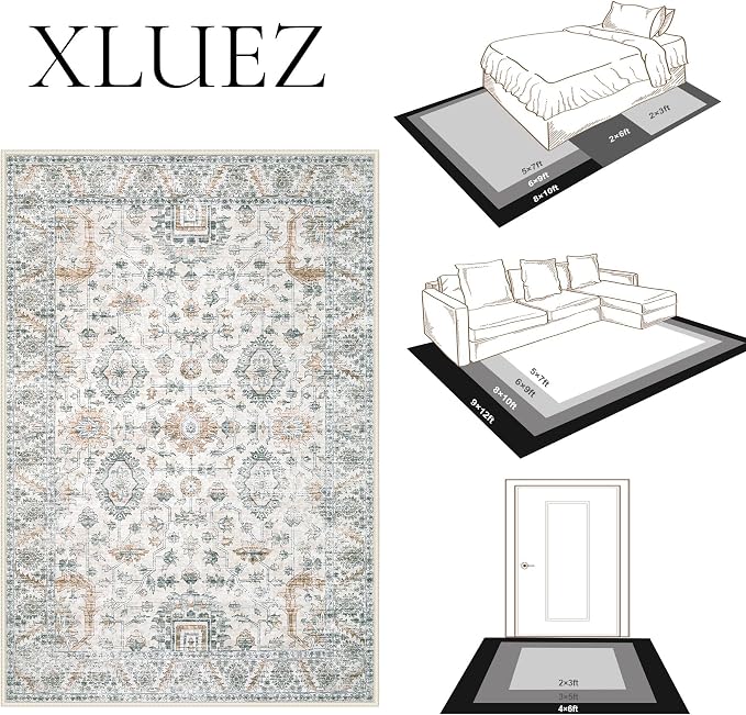 XLUEZ Area Rug 8x10 Living Room Rug, Machine Washable Vintage Distressed Boho Area Rug Non-Slip Soft Low Pile Large Indoor Rugs for Bedroom Kitchen Dining Room Office(Brown Green,8'x10')