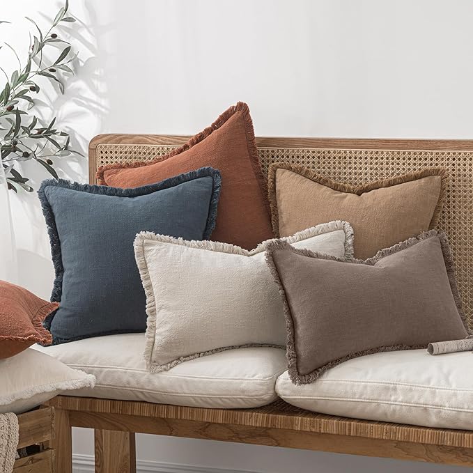 MIULEE Decorative Throw Pillow Covers Neutral Linen Fringe Throw Pillows Euro Shams Set of 2 Malt Ball Boho Farmhouse Cushion Covers for Couch Sofa Bed Living Room Fall Home Decor 22x22 Inch