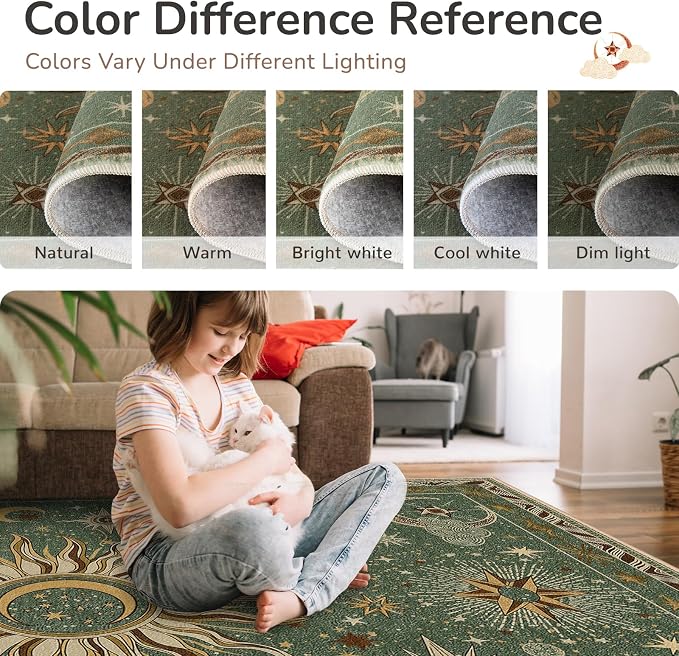Vacuum-Friendly, 2x10 Washable Area Rug, Green Brown | Sun and Moon Boho Gothic Non-Slip Low Pile Living Roon Bedroom Dining Room Kitchen Entry Entryway Entrance Hallway Doormat