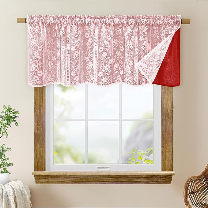 ASPMIZ Linen Valance Curtains Double Layers Window Curtains with Linen Lace, Farmhouse Kitchen Curtain Valance Light Filtering Cafe Curtain 18 Inch Window Treatment Rod Pocket for Bathroom, 52x18 Red