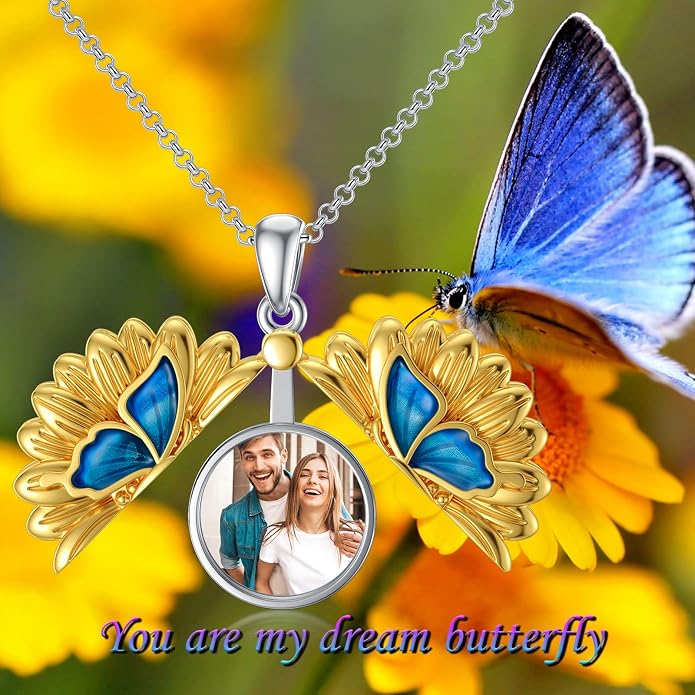 SOULMEET Personalized Butterfly Locket Necklace That Holds Up to 2 Pictures, Memorial Insects Silver Butterfly Photo Locket Custom Any Photo Healing Gift