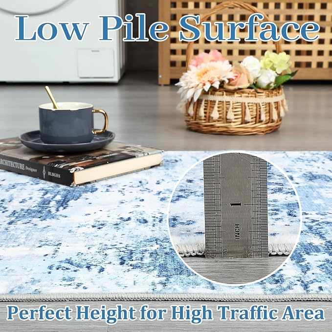 ROYHOME Modern Abstract 2x8 Area Rug Non Slip Non Shedding Low Pile Stain Resistant Rug for Hallway Kitchen Bedroom Non Shedding,Light Blue