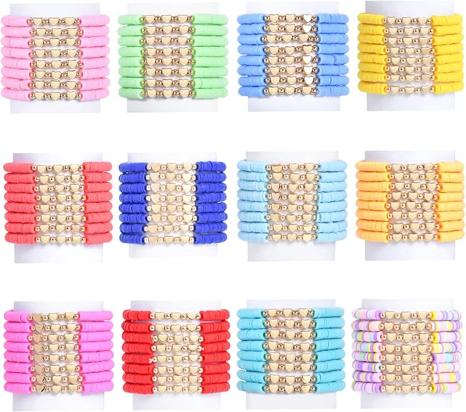 96 Pcs Colorful Friendship Heart Bracelets, Cute Clay Beads Bracelet Bulk Colorful Heart Friendship Surfer Bracelets for Women Stackable Bohemian Summer Beach Party, Valentine's Day, Birthday Gifts