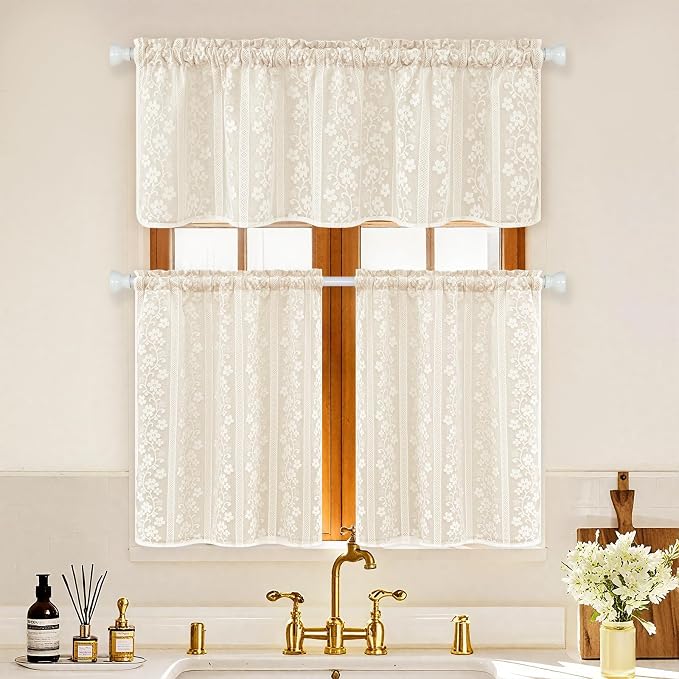 ASPMIZ Linen Kitchen Curtains 24 Inch Length, Double Layered Window Curtain 2 Panel Sets Rod Pocket Short Curtains for Kitchen, Farmhouse Window Treatment Tiers for Bathroom, Cafe, Beige