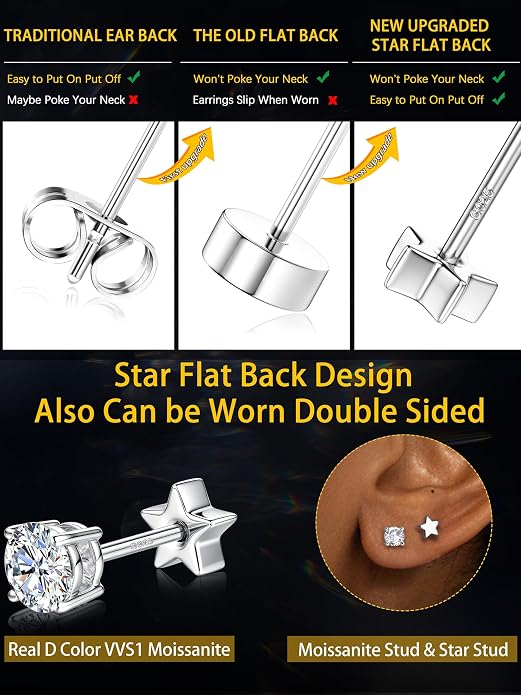 Moissanite Earrings Studs - 925 Sterling Silver Earrings for Women Men 14K Gold Plated Double Sided Star Flat Back Stud Earring Hypoallergenic Small Cartilage Helix Piercing Jewelry D Color VVS1
