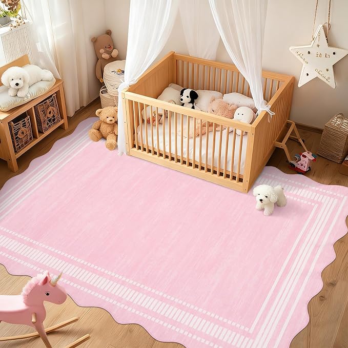 Garvee Washable Rug 8x10 Area Rugs for Living Room Bedroom, Non Slip Low Pile Solid Neutral Soft Carpet, Modern Scalloped Pattern, Faux Wool Floor Mats for Dining Room Home Office, Pink | Rugs for Living Room, Non-Slip Soft Carpet for Bedroom, Scallope...