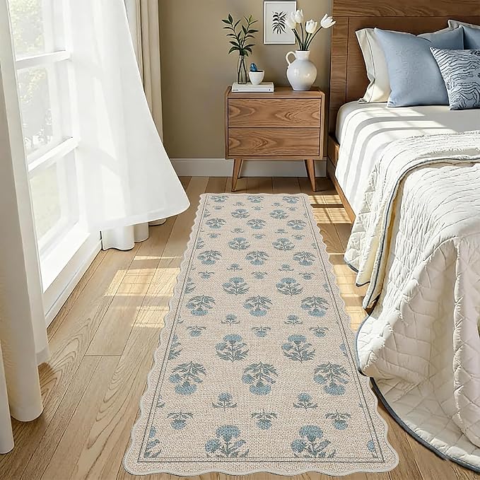 ORTIGIA Scalloped Easy Jute 2x6 Kitchen Runner Rug Vintage Blue Floral Farmhouse Washable Rug Non-Slip Outdoor Carpet for Entryway Indoor Hallway Patio Laundry Room