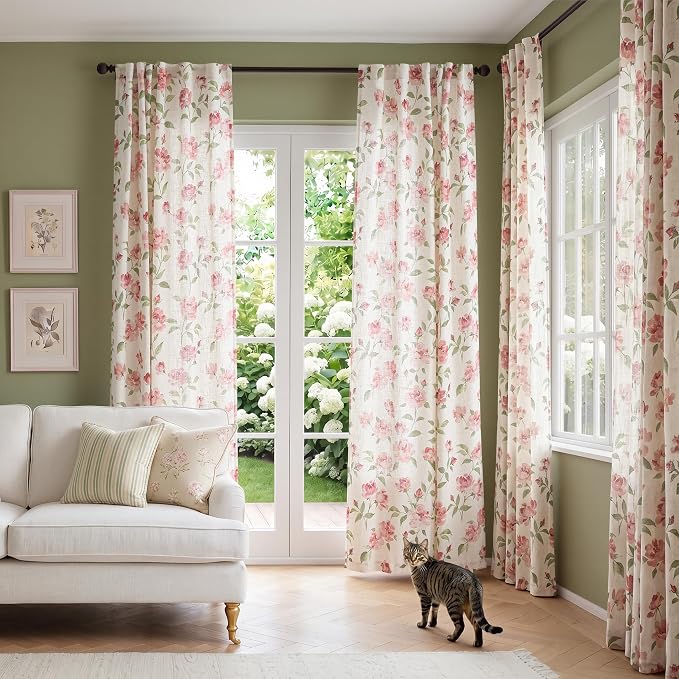 jinchan Pink Floral Linen Curtains 84 Inch Cottagecore Back Tab 2 Panels | Light filtering drapes, semi sheer, farmhouse, watercolor, romantic, living room, bedroom, rod pocket, window treatment